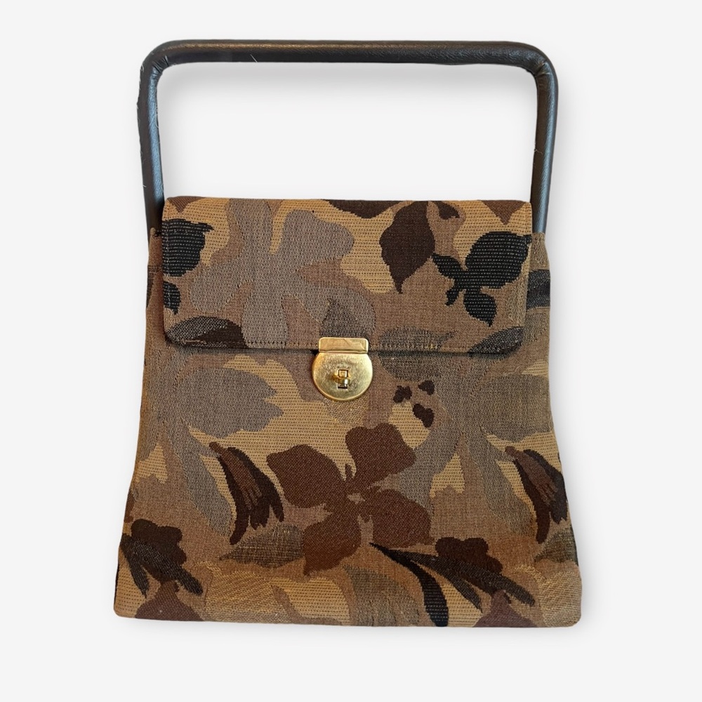 Vintage Camouflage/Floral Print Satchel Handbag Turn Lock Closure